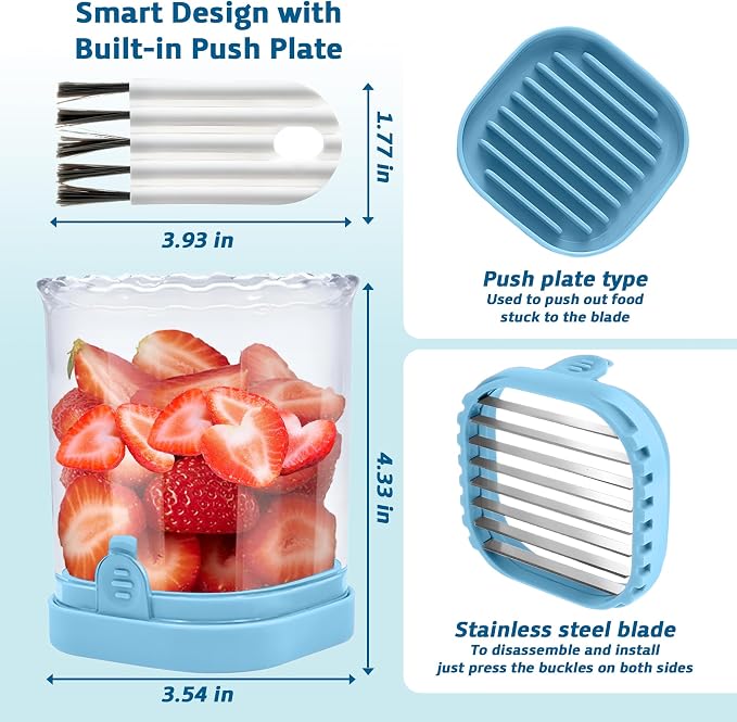 Strawberry Slicer Cup with Push Plate, Fruit Cutter Kitchen Gadget for Egg, Kiwi, Banana, Cucumber, Easy Fruit & Vegetable Slicer, Strawberry Cutter Tool for Quick Safe Cutting (Blue)