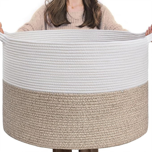 INDRESSME Large Laundry Basket, 21.7'' x 13.8'' Cotton Rope Blanket Basket Living Room Toy Baskets Storage Kids, Woven Baskets for Dirty Clothes, Pillows, Towel, 90L Light Brown