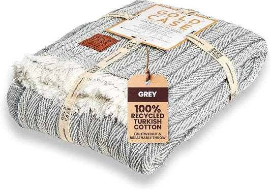 Gold Case Throw Blanket for Couch - 100% Recycled Turkish Cotton Blankets & Throws - Vintage Soft Throw Blankets for Living Room - Boho Decorative Woven Couch Blanket - 60x80 - Grey