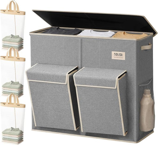 SOLEDI 220L Laundry Hamper 3 Section,Extra Large Laundry Basket with Lid and 2 Side Pockets, Dirty Clothes Hamper with Removable Bag Easy to Carry for Laundry Room, Bedroom, Bathroom, Grey