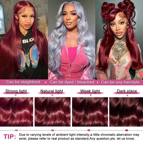 Lukymart 99j Burgundy Body Wave Lace Front Wigs Human Hair 13x6 HD Transparent Lace 180% Density Wine Red Colored 22 Inch