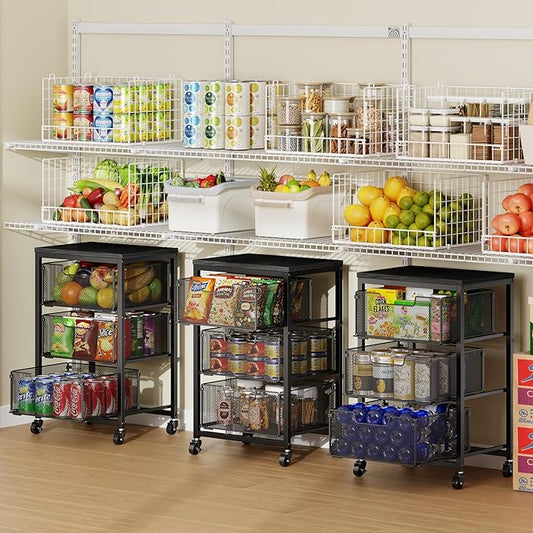 Pantry Organizer and Storage Cart, 3-Tier Kitchen Storage Cart with Drawer, Fruit Vegetable Storage Cart with Wheels, Wooden Top Metal Wire Kitchen Organizer Rack Stand for Food Snack Onion Potato