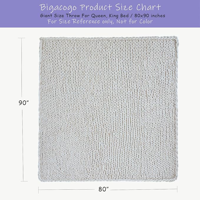 Bigacogo Chunky Knit Throw Blanket for Couch, 80x90 inches, 100% Hand Knitted with Thick Jumbo Chenille Yarn, Cozy Soft Large Rope Knot Cable Crochet Blankets for Sofa Bed Living Room, Ivory