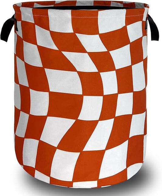 Orange Checkerboard Laundry Hamper Foldable Oxford Cloth Colorful Plaid Laundry Basket With Handle Portable Clothes Storage Organizer Basket 18.9"x16.5" Storage Bag For Laundry Room/Bathroom/Bedroom