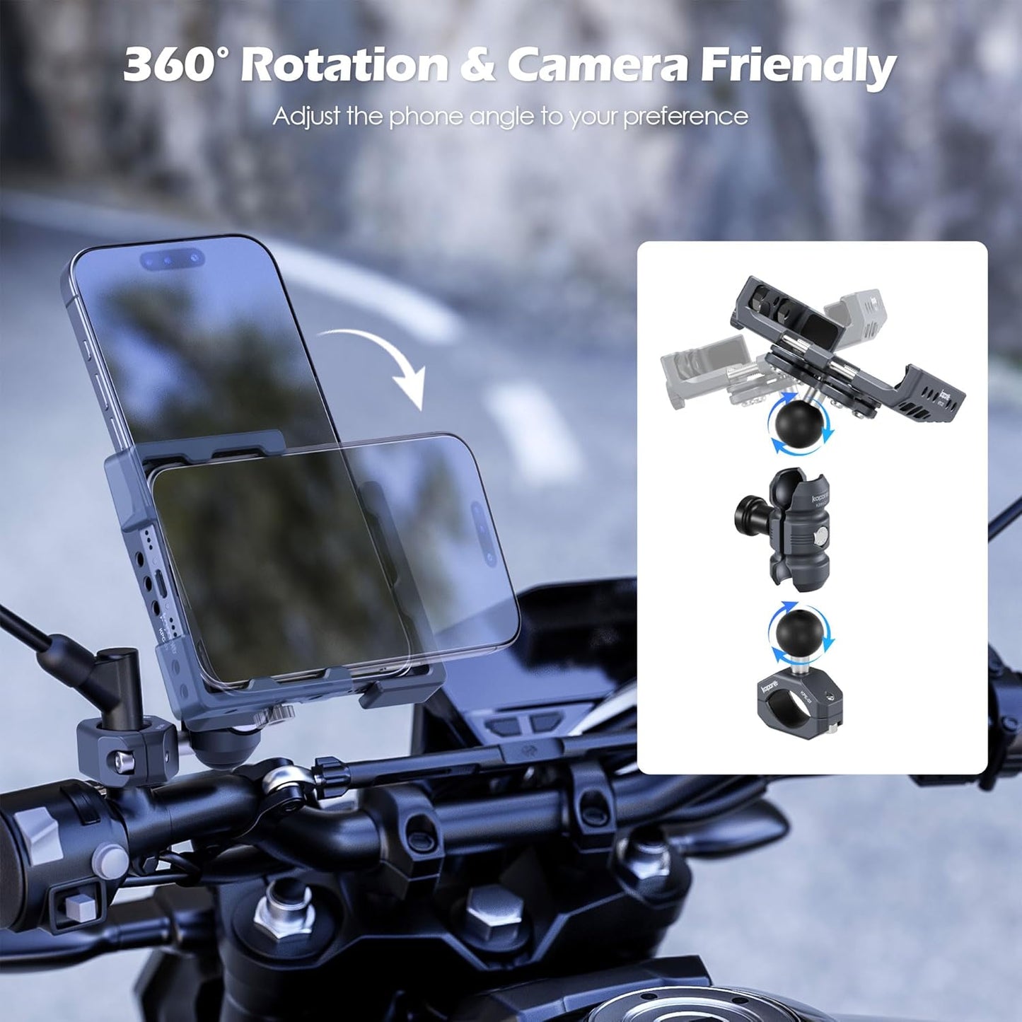 Motorcycle Phone Mount Kit, Anti-Theft Dual Socket Arm, 360° Rotate Phone Clip and Aluminum Handlebar Clamp Mount U-Bolt Base for Bike/ATV/Scooter Handlebar for 5.5-7" Smartphone (KPS-19)"