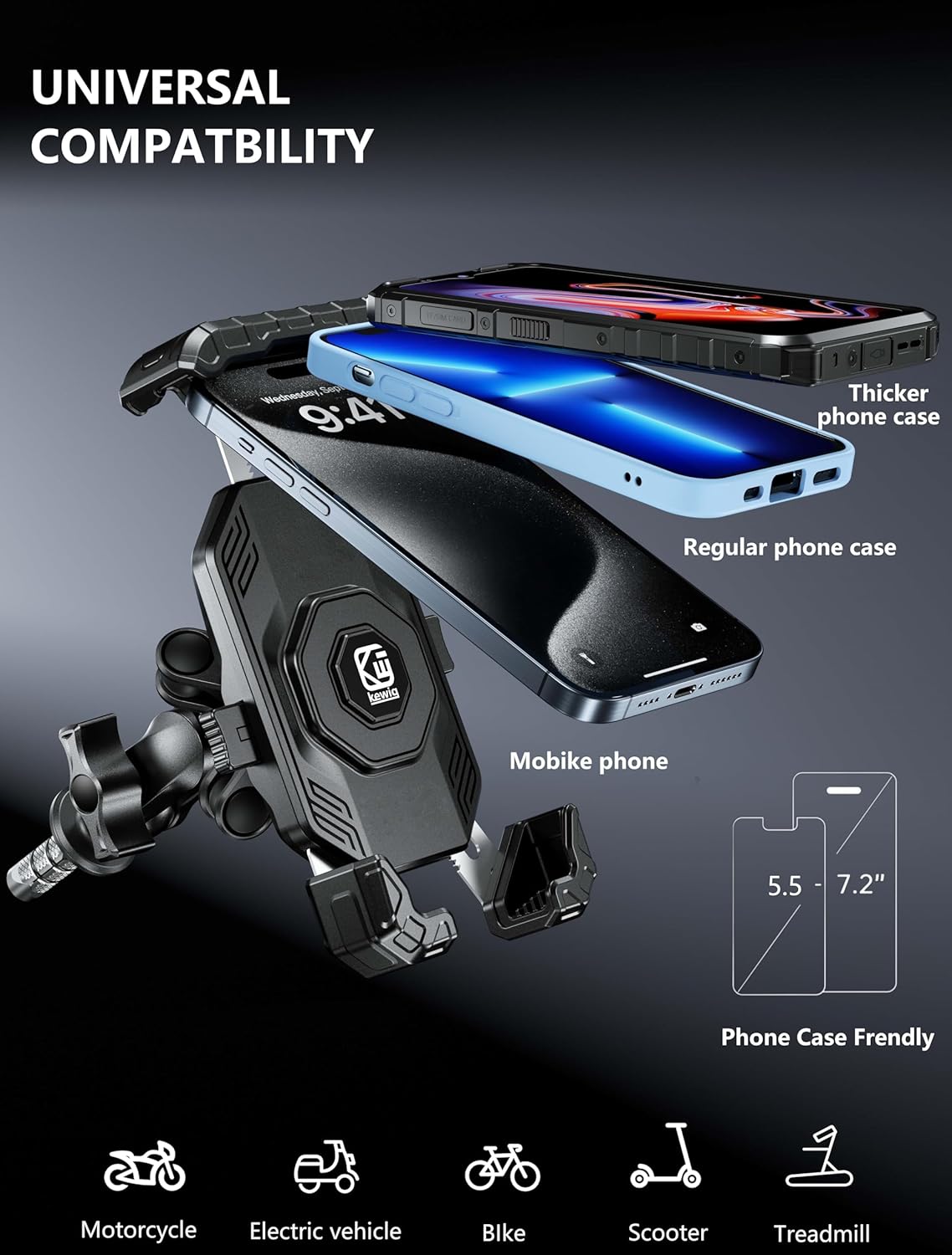 Kewig Motorcycle Fork Stem Phone Mount Holer with Vibration Dampener, [No Scratches Camera] Anti-Theft Motorcycle Cell Phone Holder, Fits for Fork Stem Tubes 12-25.4mm in Diameter, for 5.5-7.2" Phone"
