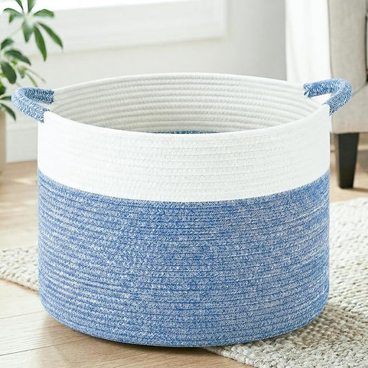 Artfeel 100L Large Cotton Rope Basket, Decorative Woven Blanket Storage for Living Room, Boho Toy Storage & Toy Box for Kids, Versatile Laundry Basket & Nursery Hamper for Blankets(DenimBlue)