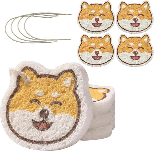 JOYMOOP Cartoon Kitchen Sponge, Cellulose Sponges for Cleaning, 4 Pack Non-Scratch Sponges for Washing Dishes, Reusable Sponge for Kitchen, Bathroom and Office - Doggy Pattern
