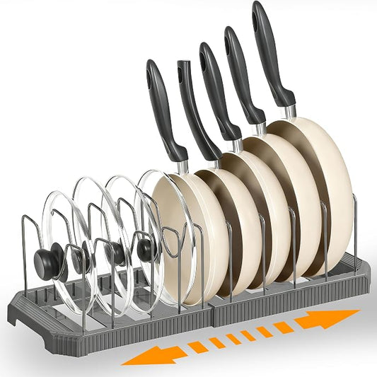 Adjustable Pot Lid Organizer Rack, 9 Compartments Cabinet Storage Holder for Pots, Pans, Lids, Cutting Boards, Bakeware