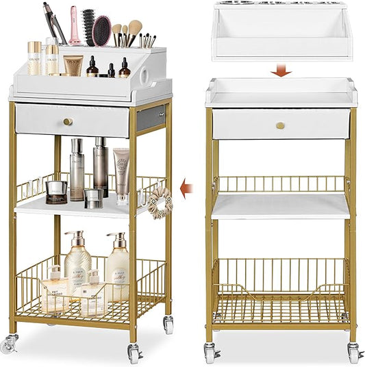 Makeup Organizer Cart with Drawer, 2-in-1 Rolling Organizer Cart with Hair Tool Holder, Vanity Storage for Skincare, Perfume, Nail Polish, Cosmetics, Gold Finish