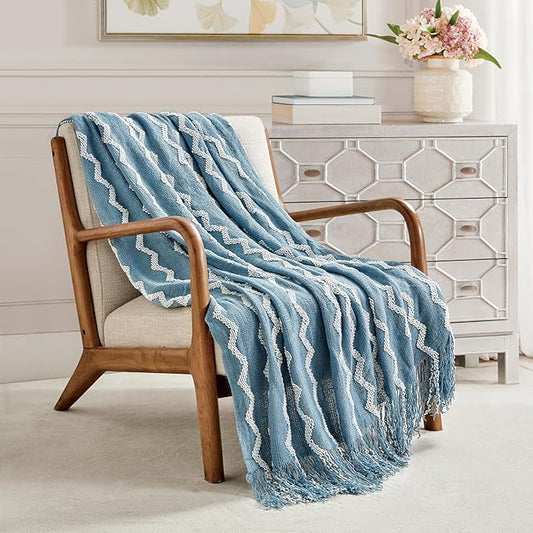 BOURINA Fluffy Chenille Knitted Fringe Throw Blanket Lightweight Soft Cozy for Bed Sofa Chair Throw Blankets, Blue 50" x 60"