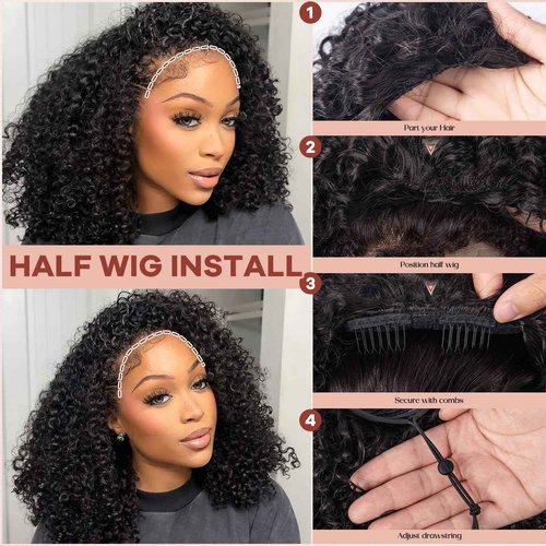 Kinky Curly Wig 200 Density 3 In 1 Seamless Flip Over Half Wigs Synthetic Hair Glueless Wear and Go Beginner Friendly Kinky Curly Wig Drawstring Headband Wig for Women 18 Inch