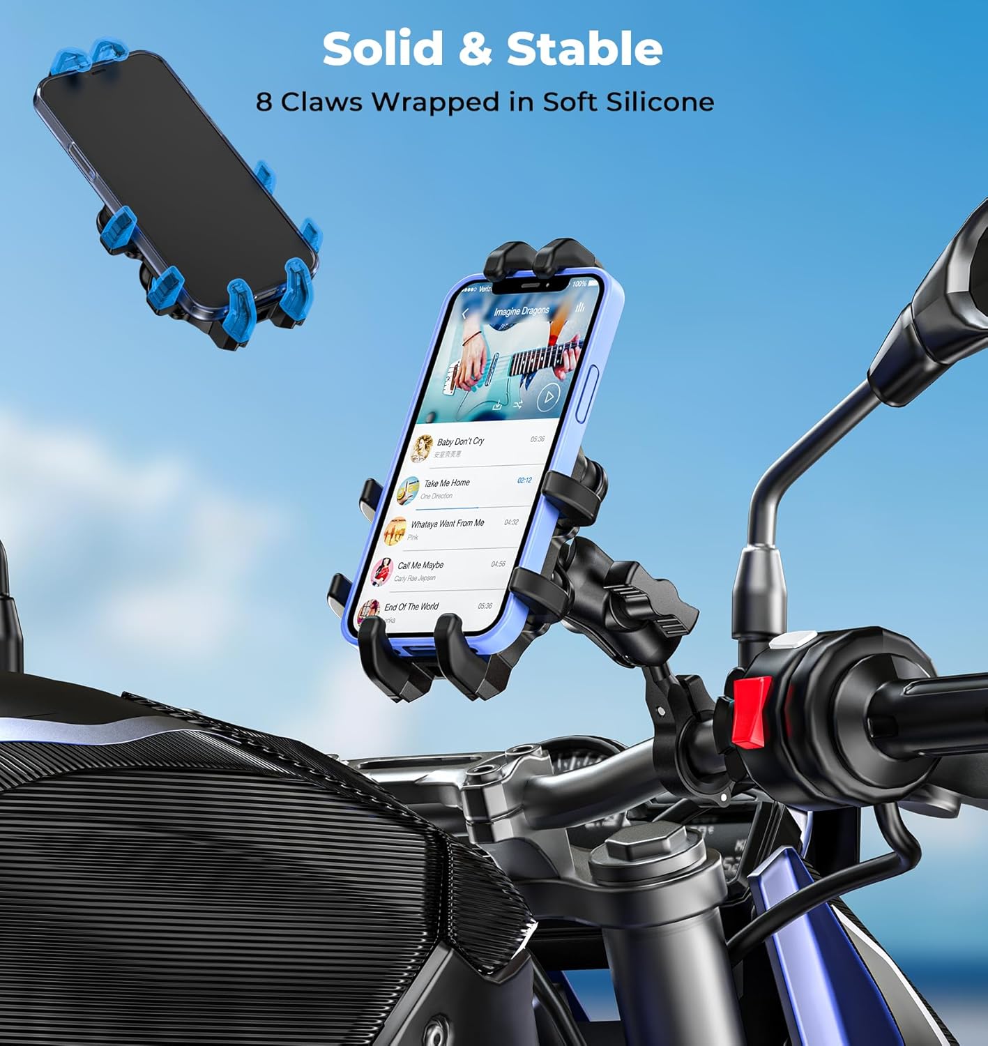 Motorcycle Phone Mount with Vibration Dampener, Anti-Shake Bike Phone Holder with Aluminum Alloy Handlebar Clamp, One-Handed Operation Motorcycle Cellphone Mount Fit for 5.4"-7.2"" Smartphone"
