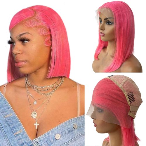Blonlier Pink Bob Wig Human Hair Glueless Wigs Human Hair Pre Plucked Pre Cut 13X4 HD Transparent Straight Pink Short Bob Wig Human Hair Frontal Lace Wig, 16in