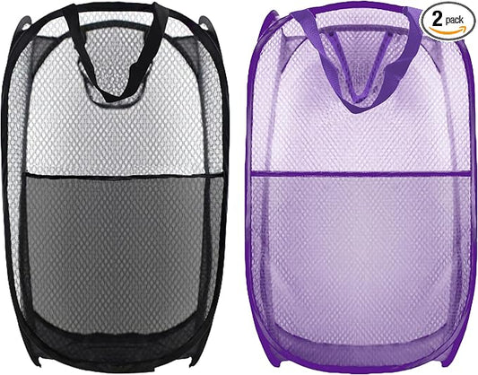 Collapsible Pop Up Laundry Hamper, Extra Large Mesh Foldable Laundry Basket Bag, 28" x 16" x 16", 2 Pack (Black + Purple)