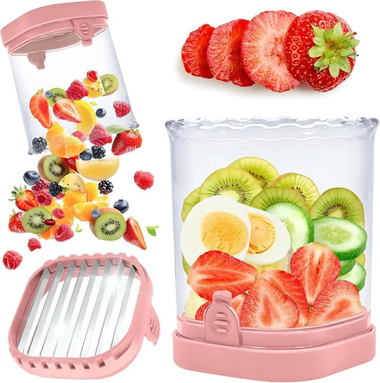 Strawberry Slicer Cup with Push Plate, Fruit Cutter Kitchen Gadget for Egg, Kiwi, Banana, Cucumber, Easy Fruit & Vegetable Slicer, Strawberry Cutter Tool for Quick Safe Cutting (Pink)