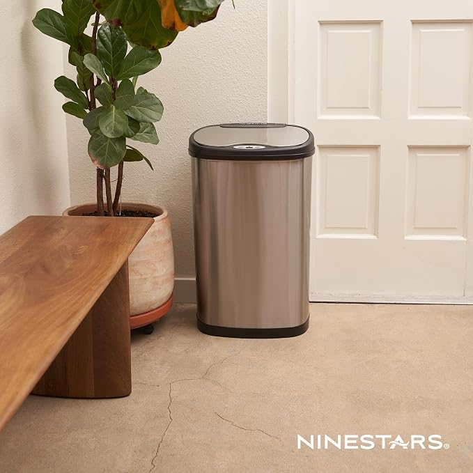Ninestars 13 Gallon Oval Automatic Trash Can, 50L Touchless Motion Sensor Kitchen Garbage Can with Odor-Sealing Lid, Silver Stainless Steel