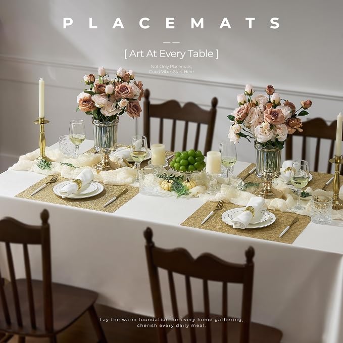 Leetaltree Gold Placemats Set of 4 - Heat Resistant Non-Slip Place mats for Dining Table, Washable Durable PVC Vinyl Woven Table Mats(Luxury Gold, 4)
