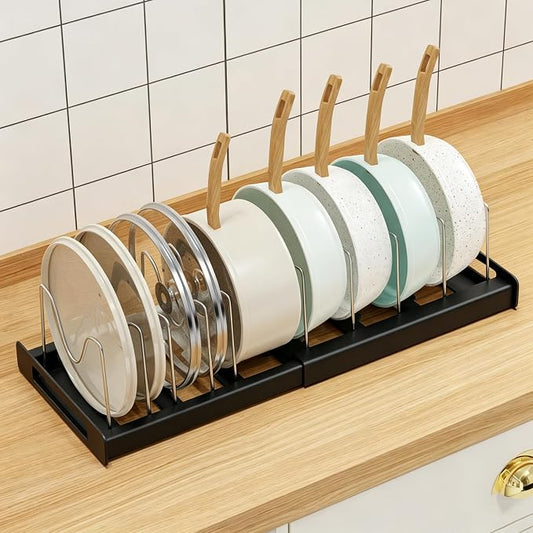 Nigelia Pots and Pans Organizer for Under Cabinet 22" Expandable Food Storage Container Lid Organizers with 10 Adjustable Dividers Pot and Pan Lid Holders Rack Inside Cabinet&Kitchen Countertop(Black)