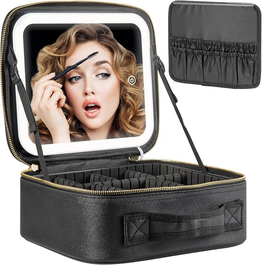 Extrei Gent Makeup Travel Train Case with Mirror LED Light 3 Adjustable Brightness Large Cosmetic Bag Portable Storage Adjustable Partition Waterproof Makeup Brushes Make up Jewelry Gift for Women