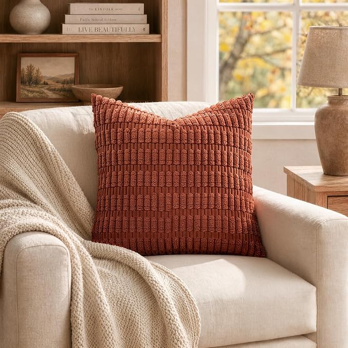 MIULEE Pack of 2 Corduroy Decorative Throw Pillow Covers 16x16 Inch Soft Boho Striped Pillow Covers Modern Farmhouse Home Decor for Sofa Living Room Couch Bed Rust