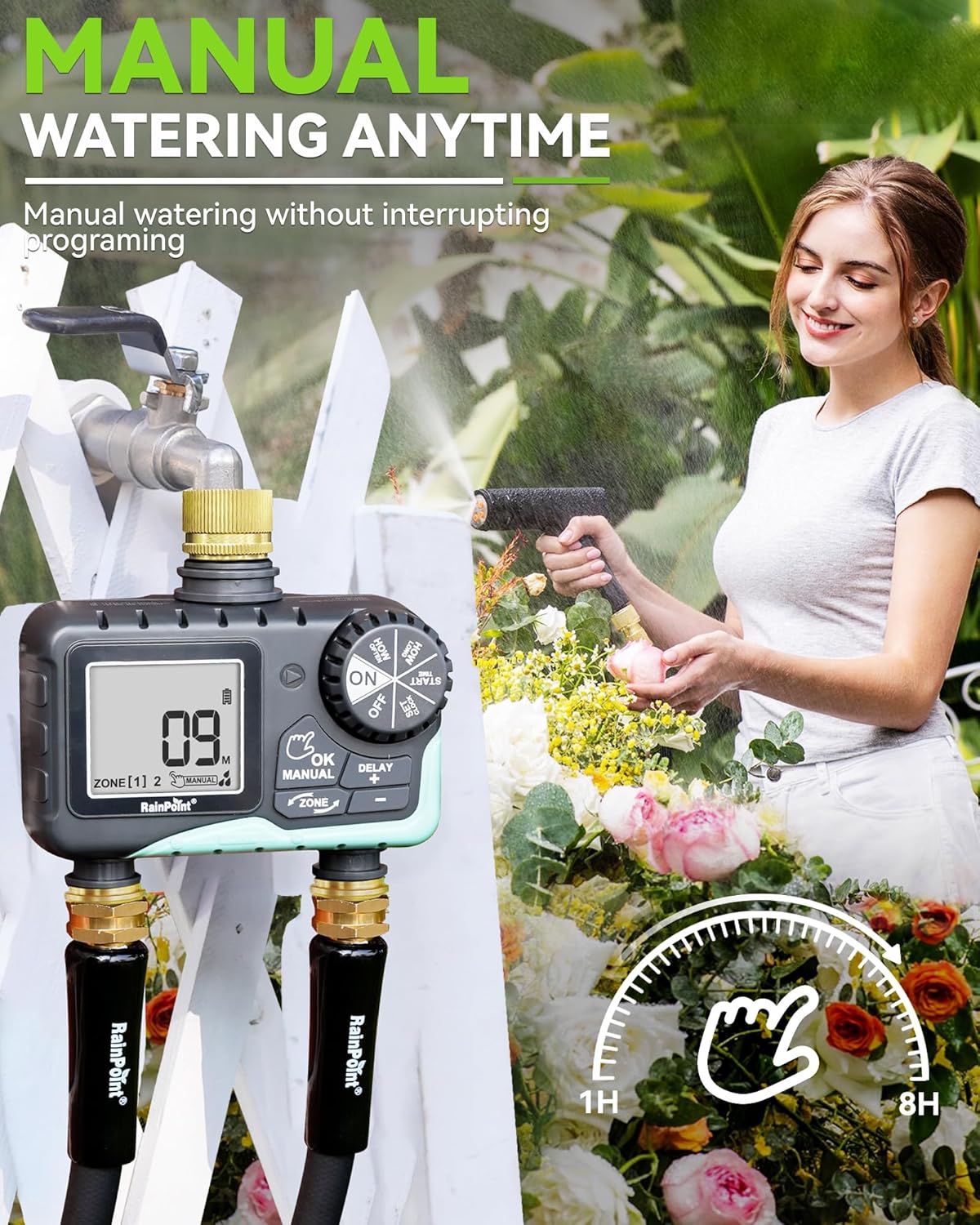 RAINPOINT 2 Zone Sprinkler Timer with Brass Inlet and Outlet - Water Timer for Garden Hose with Rain Delay/Manual Watering/Automatic Irrigation Controller System - Water Hose Timer for Yard Lawn
