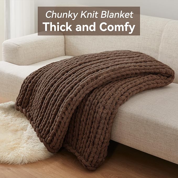 Negwoo Chunky Knit Throw Blanket, 40''*50'' Knitted Throw for Bed Couch, Handmade Dark Brown Crochet Big Thick Blanket, Machine Washable Cute Comfy Blanket for Home Decor