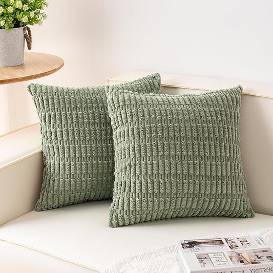 Aegero Pack of 2 Corduroy Decorative Throw Pillow Covers 24x24 InchSoft Striped Pillow Covers Modern Farmhouse Home Decor for Sofa Living Room Couch Bed（Sage Green）