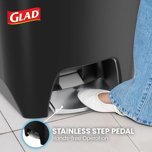 Glad Premium 20 Gallon Trash Can with Clorox Odor Protection | Plastic Kitchen Waste Bin | Hands Free with Stainless Steel Foot Pedal and Garbage Bag Rings, Black