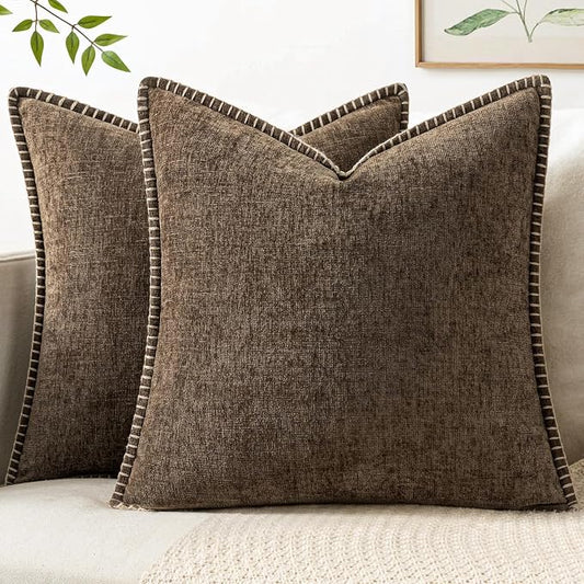 MIULEE Pack of 2 Euro Sham Pillow Covers 24x24 Inch Brown Farmhouse Decorative Throw Pillow Covers with Stitched Edge Soft Chenille Solid Dyed Pillow Covers for Bed Sofa Couch Living Room