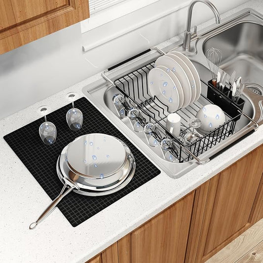 MAJALiS Dish Drying Rack Over The Sink with Utensil Holder, Mat | Expandable Stainless Steel Dish Drainer for Small Kitchen, Apartment, RV, Counter Space Saving, Perfect Fit, Rustproof