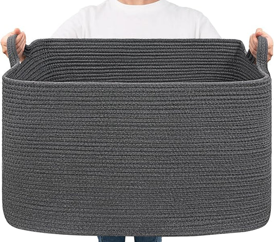 Goodpick Storage Basket, Rectangle Dirty Clothes Baskets for Laundry, Woven Basket for Living Room, Extra Large Cotton Rope Baskets for Toys, Blankets, 23.6" x 15.7" x 13.8", Dark Gray