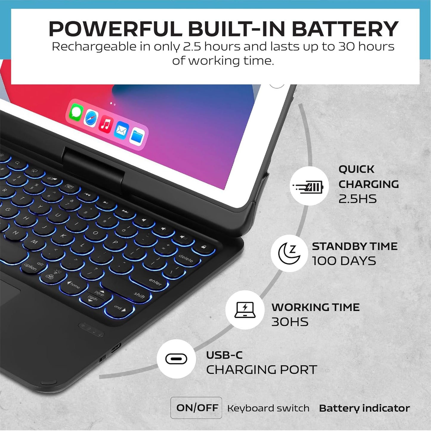 QUARK Keyboard Case for iPad Pro 9.7 inch 6th Gen / 5th Gen, 360° Rotatable Wireless Keyboard Case for iPad Air 2 & Air 1 with Multi-Touch Trackpad, Thin & Light, 7 Color Backlit (Black)