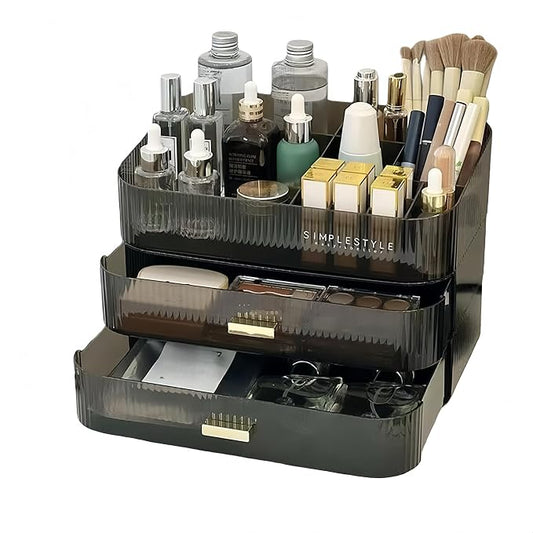 Makeup Organizer for Vanity, Large Desk Organizer with Stackable Drawers for Cosmetics, Skin Care, Lipsticks, Palette, Nail Care, Ideal Storage for Dresser and Bathroom Countertop- Black