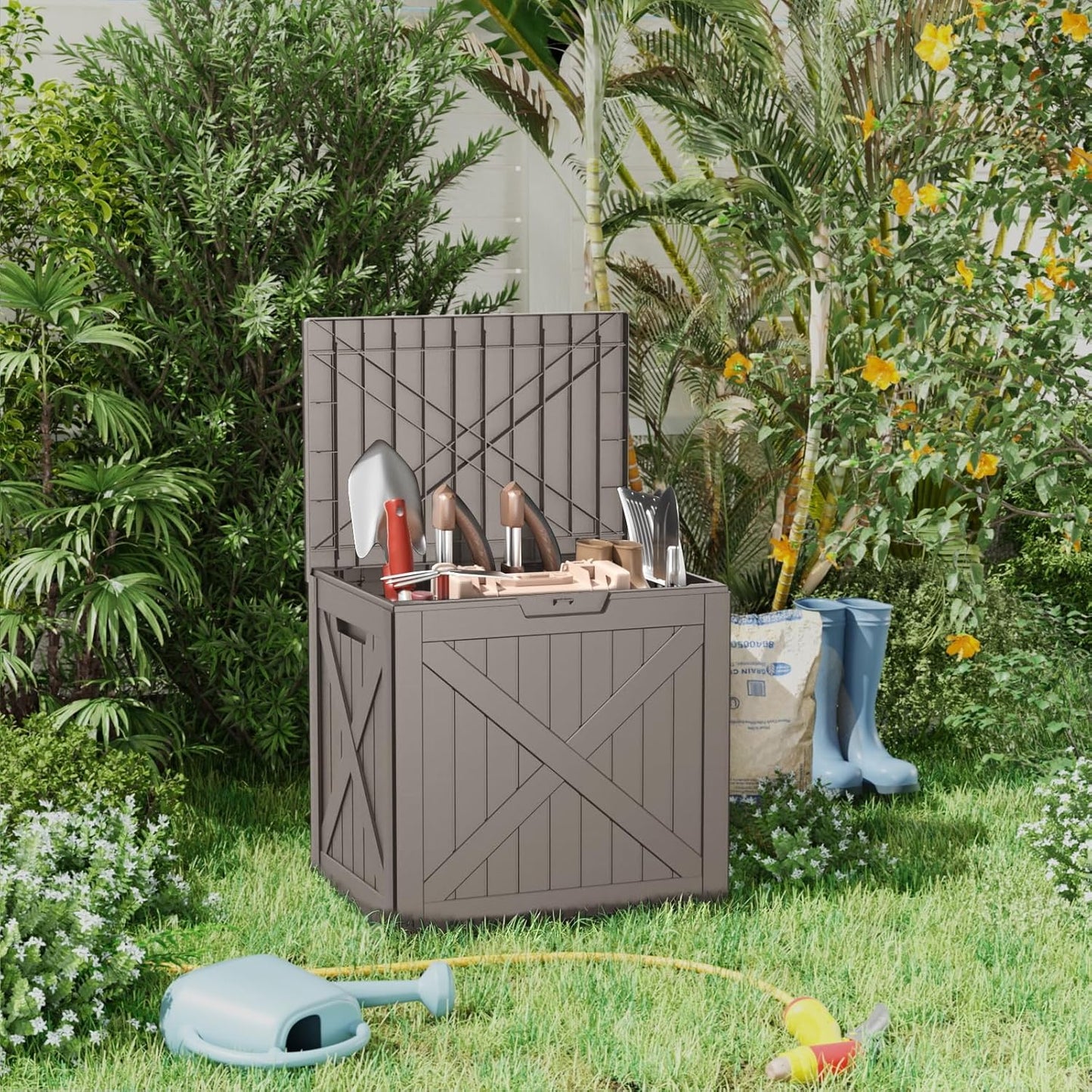 32 Gallon Outdoor Deck Box,Storage Lockable Waterproof Patio Furniture,Garden Tools,Cushions,Pool Accessories Outside Storage Resin Box(Grey)