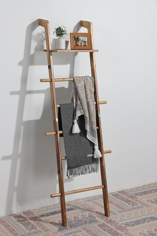 DELITON Blanket Ladder, 5-Tier Wooden Farmhouse Style Towel Rack with Shelf and Hooks, Wall Leaning Decorative Ladder for Living Room, Bedroom, Bathroom
