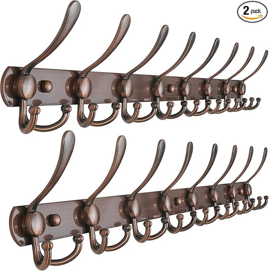 Dseap Coat Rack Wall Mount - 29.5” Long 8-Tri-Hooks Heavy Duty Coat Hanger Rail Wall Hooks for Hanging Coats Hats Clothing Clothes Purse Mudroom Entryway, Pack of 2