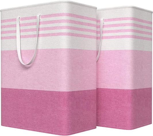 WOWBOX 2 Pack Laundry Baskets, Laundry Hampers, Freestanding Dirty Clothes Hampers with Reinforced Handles & Cross Stitch & Waterproof Coating, for Laundry Bedroom Bathroom Dorm,125L Pink