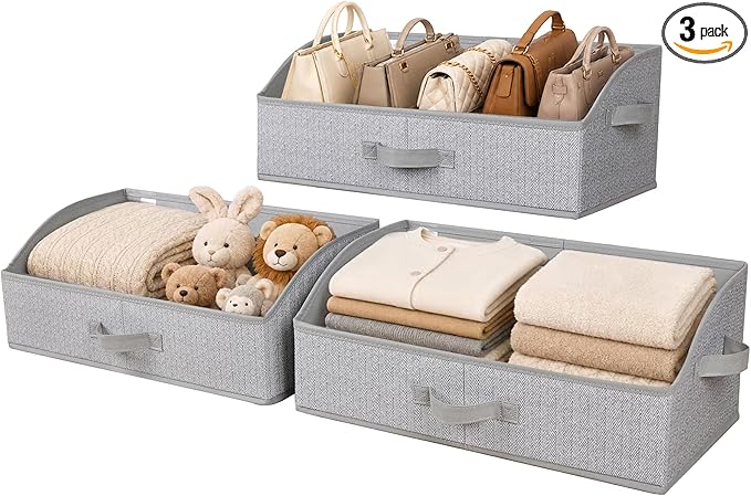 WUIKE Closet Organizers and Storage, Trapezoid Storage Bins, Fabric Closet Bins with Handles, Foldable Storage Baskets for Clothes, Purse, Blanket, Herringbone Gray, Extra Large, 3-Pack
