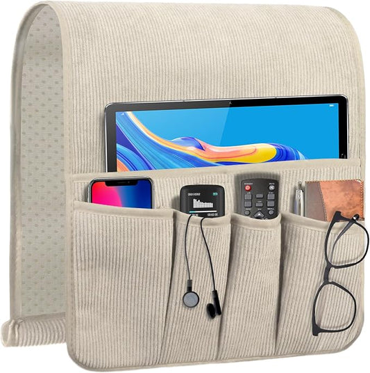 Remote Control Holder, Armchair Caddy Couch Caddy, Anti Slip Corduroy Tv Remote Holder Couch Caddy with 5 Pockets for Storage Couch Accessories Bedside Organizer Senior Citizen Gifts