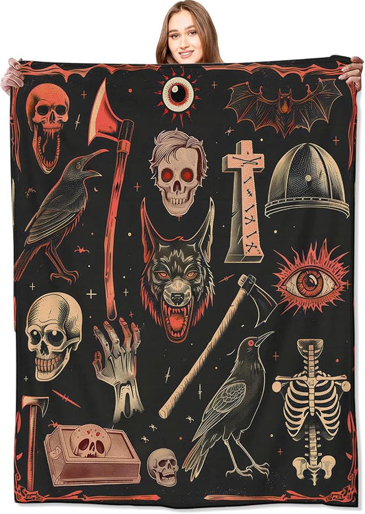 Vintage Gothic Horror Blanket,Creepy Goth Skeleton Skulls Bats Fun Throw Blankets,Gifts for Women Men, Lightweight Soft Fleece Cozy,for Couch Bed Room,Festival Halloween Decor,60x80in