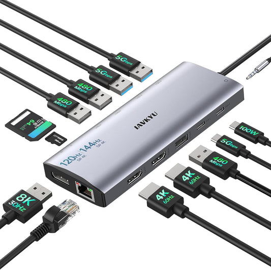 Triple Monitor Docking Station, 14-in-1 USB C Hub with DP 8K@30Hz/4K@144Hz, Dual HDMI 4K@60Hz, 100W PD, 7 USB Ports, SD/TF Card Reader, Gigabit Ethernet for MacBook & Windows Laptop
