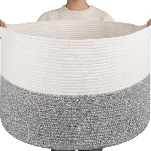 OIAHOMY 115L Extra Large Blanket Basket for Living Room, 23.6" x 15.4" Woven Cotton Rope Laundry Basket for Organizing Pillows, Decorative Stuffed Animal Toy Storage for Nursery, White and Light Grey