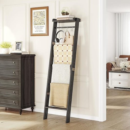 Hzuaneri Blanket Ladder Shelf, Decorative Quilt Rack, 6-Tier Farmhouse Ladder Holder Organizer with 4 Removable Hooks 7.9" D x 17.3" W x 63.4" H, Black BR35804B