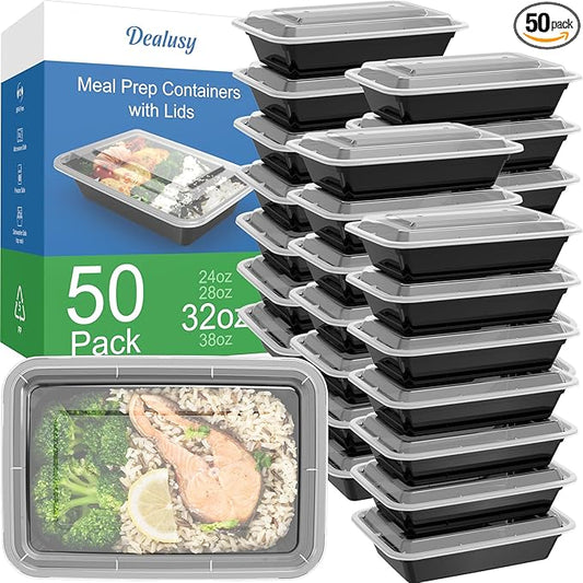 Dealusy 50 Pack (100-Piece) 32 oz Meal Prep Containers Reusable with Lids, Sturdy Leakproof & Food Safe, Microwave, Freezer, Dishwasher Safe Prep Containers, To Go Take Out Plastic Food Storage
