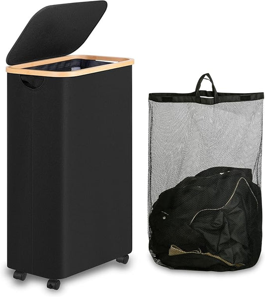 Laundry Hamper with Wheels,75L Laundry Basket with lid Rolling Clothes Basket Foldable Dirty Clothes Hamper on wheels with Bamboo Frame and Bag for Bedroom, Dorm, Laundry Room,Black(20 Gal)