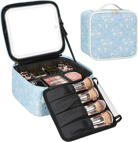 Relavel Travel Makeup Bag With LED Mirror for Women, Cosmetic Organizer Bag with Adjustable Brightness in 3 Color Scenarios, Detachable Dividers, Waterproof Train Case for Daily - White Flower