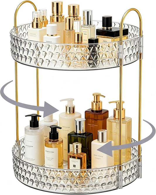360° Rotating Acrylic Storage Rack, 2-Tier Large Capacity Makeup Organizer for Bathroom Countertop & Vanity, Clear Cosmetic Holder for Skincare, Perfume & Beauty Essentials