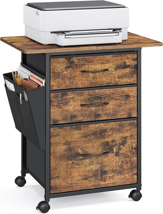 VASAGLE 3-Drawer File Cabinet, Mobile Printer Stand with Storage, Filing Cabinet for A4 Letter Size, Side Pockets, 23.6 x 15.7 x 26.8 Inch, Rustic Brown, Bellah Collection UOFC201KD01