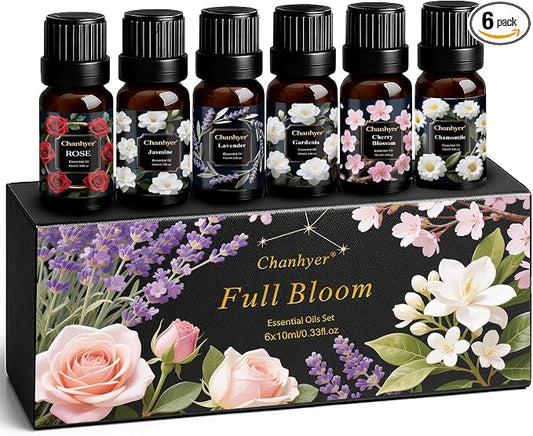 Floral Essential Oils Set 6x10ml-Gardenia,Jasmine,Rose,Chamomile,Cherry Blossom,Lavender-Pure Fragrance Oils for Diffuser,Aromatherapy and Gift